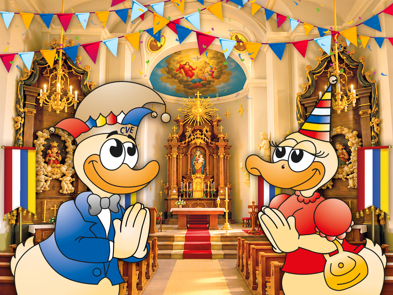 Gezeichnetes Entenpaar mit Narrenkappen in einer geschmückten Barockkirche, Motiv zum Fastnachtsgottesdienst