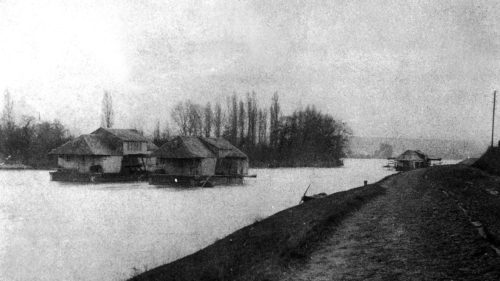 Rheinmühlen auf dem Rhein um 1900